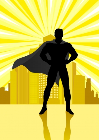 Silhouette illustration of a superhero standing in front of cityscapeのイラスト素材