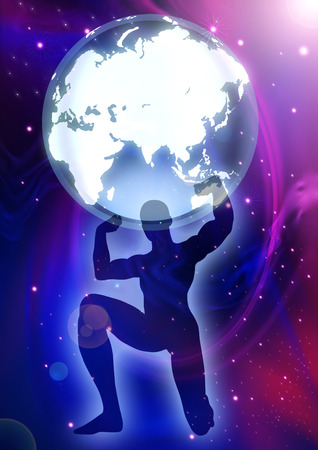 Illustration of a man figure lifting up the Globes on cosmic backgroundの写真素材
