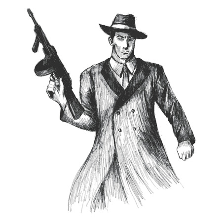 Sketch illustration of a man holding a thompson gunのイラスト素材