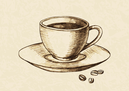 Sketch illustration of a cup of coffee and coffee beansのイラスト素材
