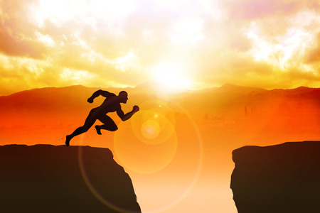 Silhouette illustration of a male figure sprinting to jump the ravine