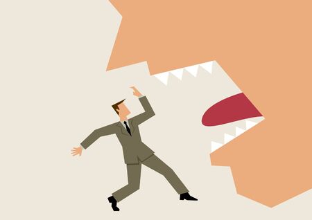 Simple style graphic of a businessman threatened by scary giant mouthのイラスト素材