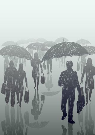 Doodle of people walking in the rain with umbrellasのイラスト素材
