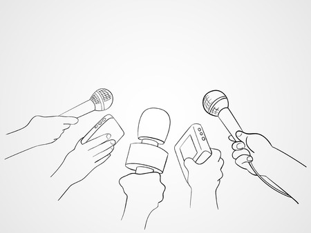 Line art illustration of hands holding microphones and recorders, journalism symbolのイラスト素材
