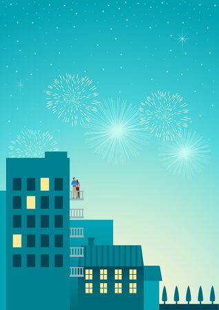 Beautiful simple graphic of a couple watching fireworks at hotel or apartment balconyのイラスト素材