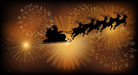 Christmas background or theme, Santa Claus flying with his sleigh against fireworks. Using gradient mesh, compatible in Adobe Illustrator CSのイラスト素材