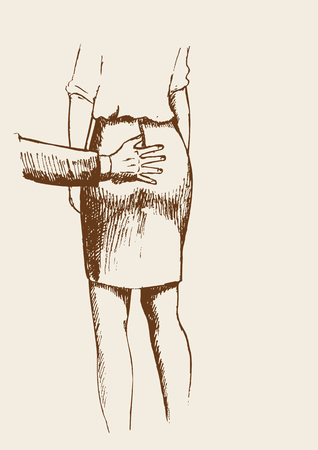 Sketch illustration of a male hand grabbing a female buttocks, sexual harassment conceptのイラスト素材