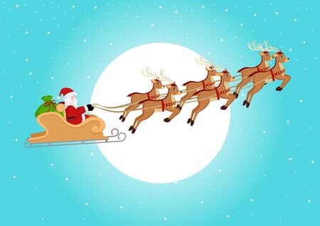 Cartoon illustration of Santa on sleigh and his reindeer flying against full moonのイラスト素材
