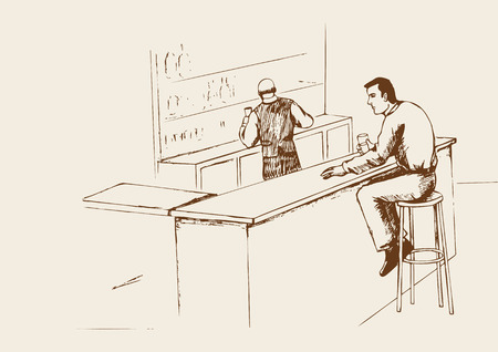 Sketch illustration of a man at the bar, people, loneliness, alcohol and lifestyle conceptのイラスト素材