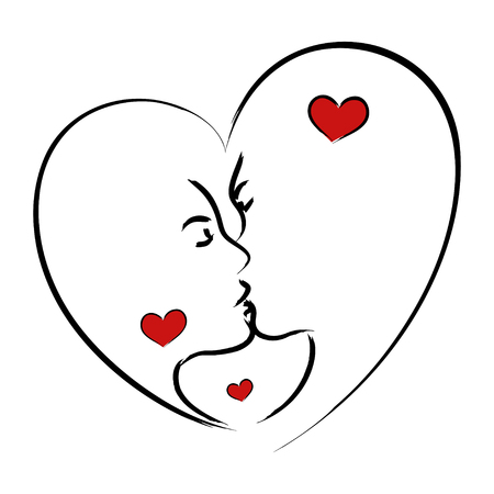 Line art illustration of a man and woman kissing in heart shape symbolのイラスト素材