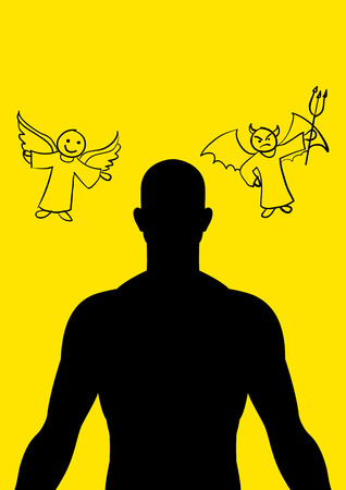 Man silhouette with cartoon doodle of angel and devilのイラスト素材