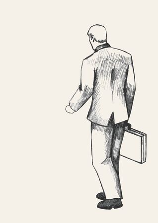 Sketch illustration of a man with suitcase walking, rear viewのイラスト素材