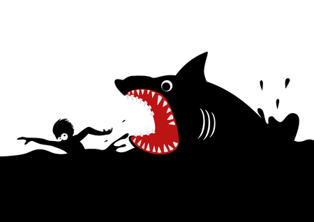 Cartoon illustration of a man swimming panic avoiding shark attacksのイラスト素材