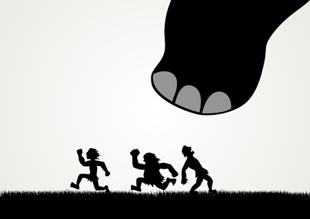 Funny cartoon of men fleeing panic from a giant dinosaur stepのイラスト素材