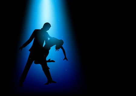 Silhouette illustration of a couple dancing under the blue lightのイラスト素材
