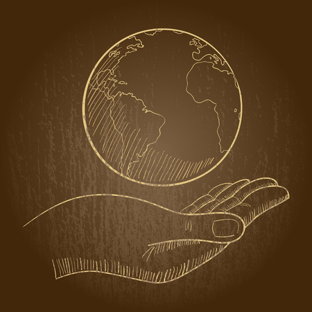 Illustration of a hand holding a globe on grunge backgroundのイラスト素材