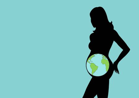 Silhouette illustration of a pregnant female figure with planet Earth in her wombのイラスト素材