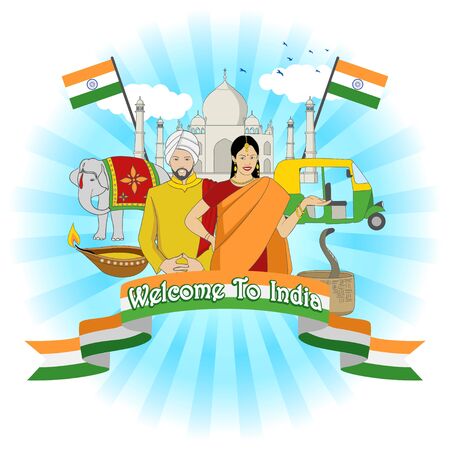 Travel to India symbol with famous landmark and cultural elementsのイラスト素材