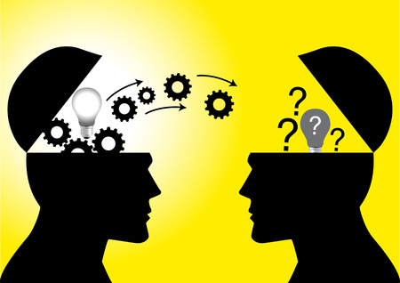 Knowledge or ideas sharing between two people head, transferring knowledge, innovation, brain storming conceptのイラスト素材