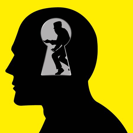 Silhouette of a thief seen through a key hole inside human headのイラスト素材