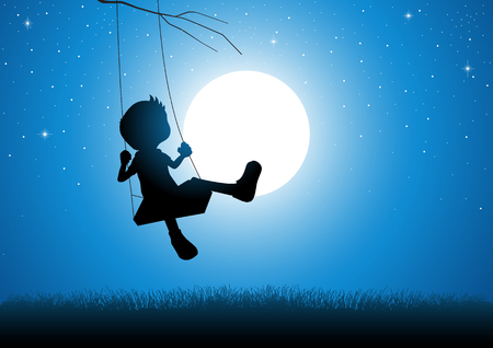 Cartoon silhouette of a boy playing on a swing during full moonのイラスト素材