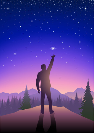 Silhouette illustration of a male figure reaching out for the star on beautiful landscapeのイラスト素材
