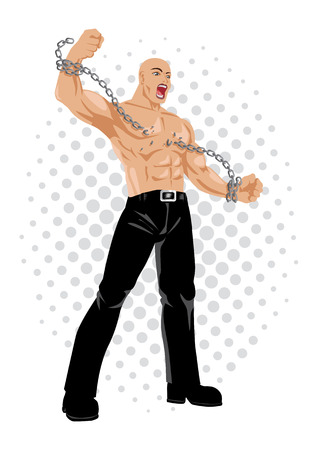 Cartoon illustration of a strongman breaking chains, freedom, spirit, struggle, revolution conceptのイラスト素材