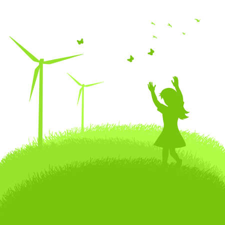 Silhouette illustration of wind generators and little girl playing on grass field, ecology, green energy, renewable energy conceptのイラスト素材
