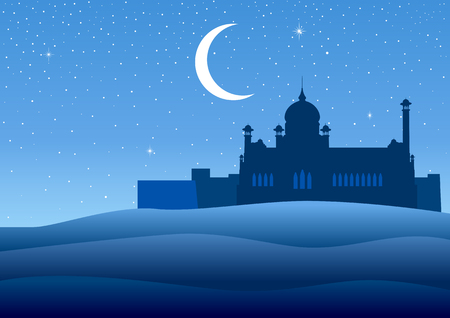 Illustration of a mosque on desert landscape during starry nightのイラスト素材