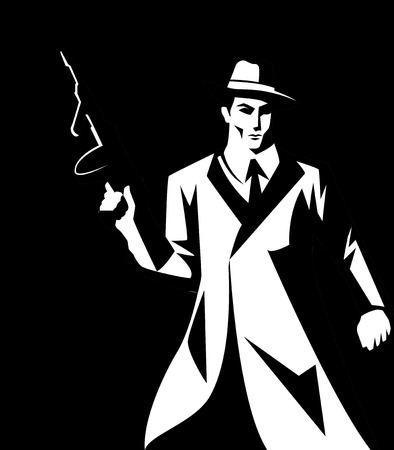Black and white illustration of a man holding machine gun, gangster, mobster, mafia symbolのイラスト素材