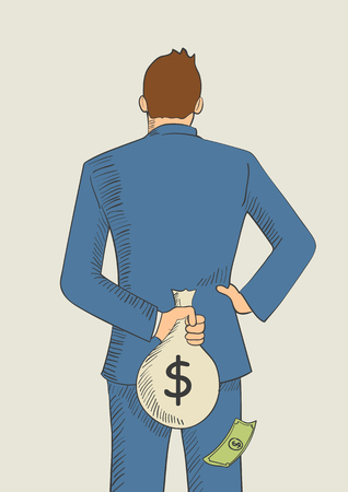 Cartoon illustration of a man hiding a money bag behind his back for tax evasion conceptのイラスト素材