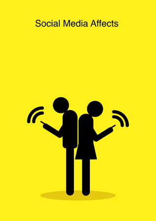 Illustration of stick figures standing back to back and using their smart phones while ignoring each otherのイラスト素材