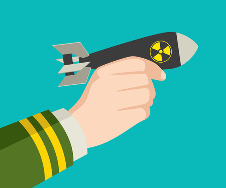 Graphic illustration of a hand in military uniform holding an atomic bomb, war, invasion, conflict conceptのイラスト素材