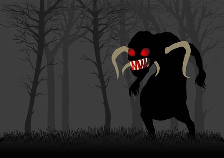 Silhouette illustration of a scary monster with red eyes in dark woodsのイラスト素材