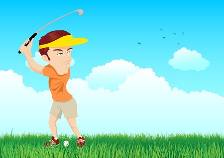 Cartoon illustration of a golfer ready to hit a ball on grass fieldのイラスト素材