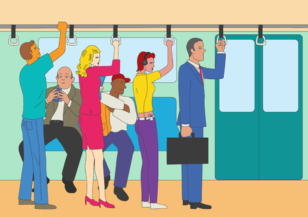 Naive art or cartoon illustration of people standing and sitting in the train, commuter line themeのイラスト素材