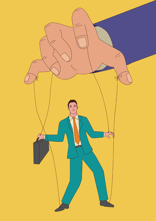 Naive art or cartoon illustration of puppet master controlling a businessman, control, business conceptのイラスト素材