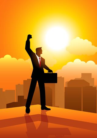 Silhouette of a businessman standing on the rooftop of a high building raising his right hand. Concept for success, motivation in businessのイラスト素材