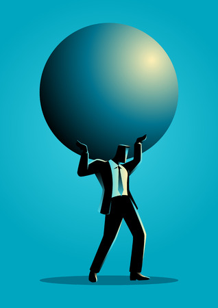 Silhouette illustration of a businessman holding a big sphere. Heavy, burden, responsibility in business conceptのイラスト素材