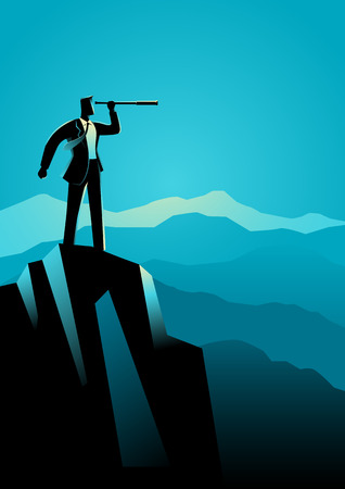 Business concept illustration of businessman using telescope on top of the mountainのイラスト素材