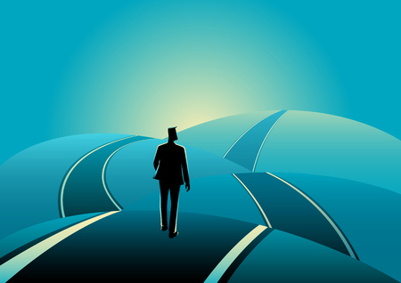 Business concept illustration of a businessman standing on the asphalt road over the hillsのイラスト素材