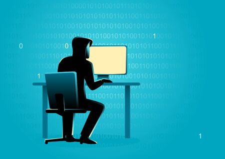 Business concept illustration of a hacker behind desktop computer.のイラスト素材