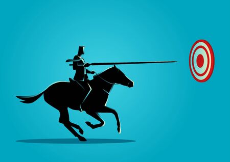 Business concept illustration of a business man on horseback charging in a joust with lance trying to hit the target.のイラスト素材