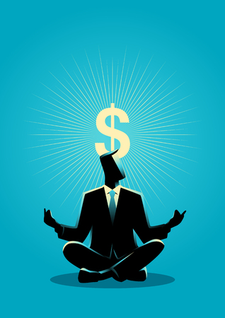 Business concept illustration of a businessman meditates with enlightenment dollar symbol above his headのイラスト素材