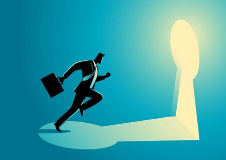 Business concept illustration of a businessman running towards a key hole. Business, chance, opportunity, success conceptのイラスト素材