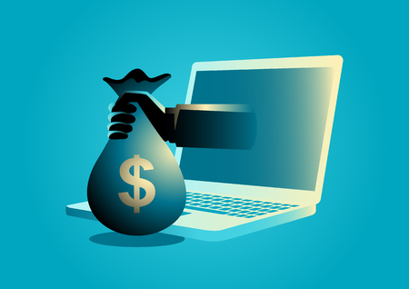 Business concept illustration of a hand holding money bag comes out from computer lap top screen, online, e-business conceptのイラスト素材