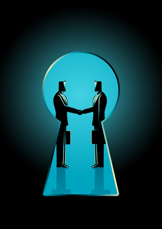 Business concept illustration of two businessmen shaking hands seen through a keyhole, business idiom for backroom dealのイラスト素材