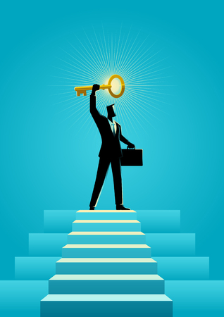 Business concept illustration of a businessman holding a golden key on top of stairsのイラスト素材