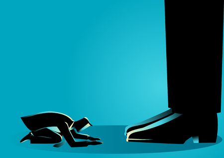 Business concept illustration of a businessman kneel down under giant feet. Concept for authority, dictator figureのイラスト素材