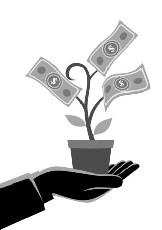 Business concept vector illustration of a businessman hand holding a pot with money tree, business, savings, investment conceptのイラスト素材